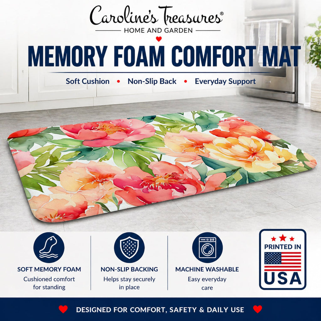 Indiana Peonies in Watercolor Memory Foam Kitchen Mat Machine Washable Anti-Fatigue Cushion Comfort Bath or Kitchen Rug
