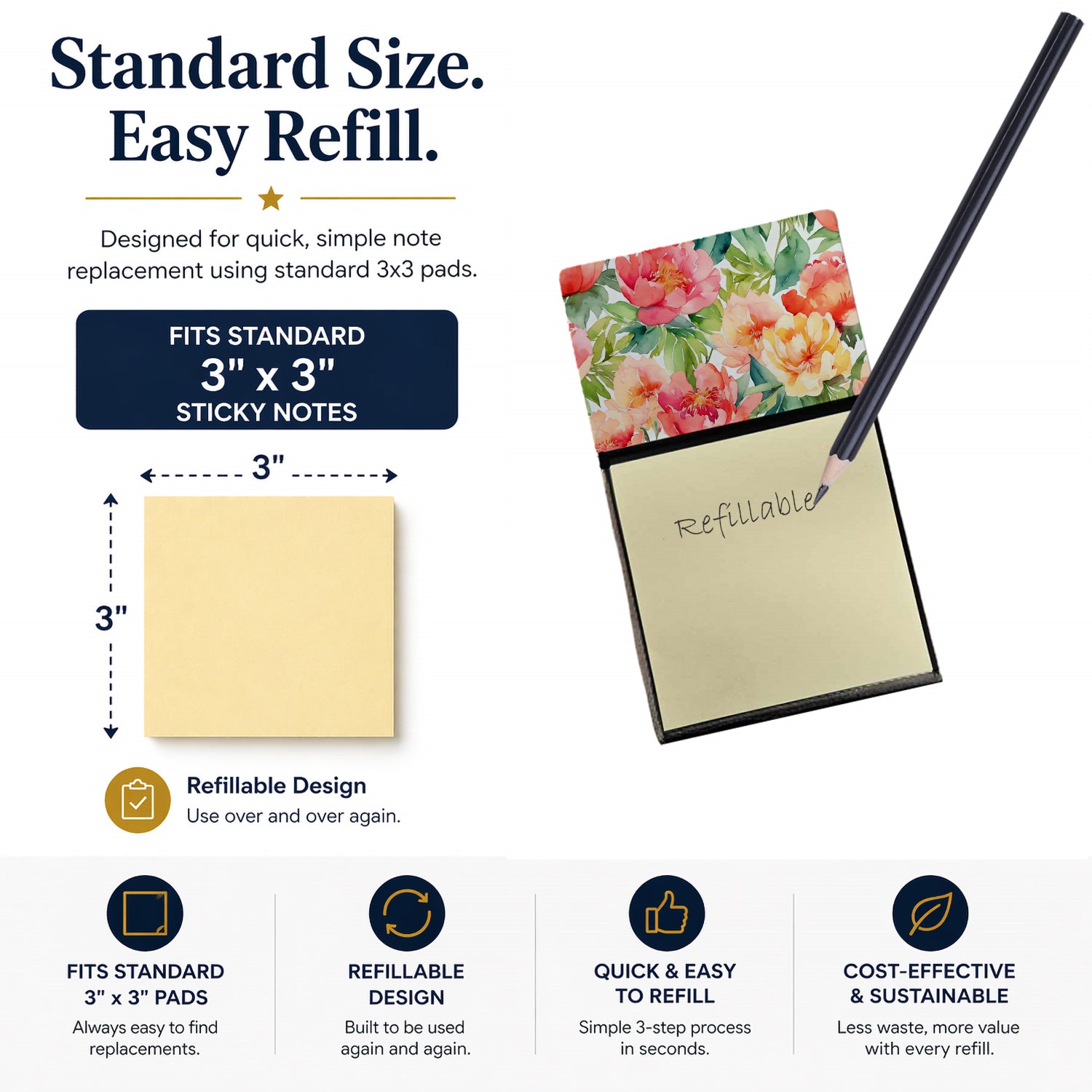 Indiana Peonies in Watercolor Watercolor Sticky Note Holder Refillable Dispenser Desk Accessory 3x3 Pad Gift