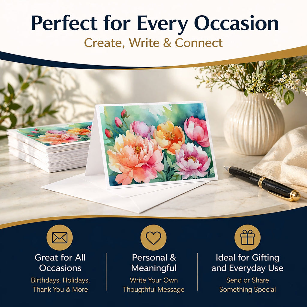 Indiana Peonies in Watercolor Greeting Cards Pack of 8 Blank Cards with Envelopes Whimsical A7 Size 5x7