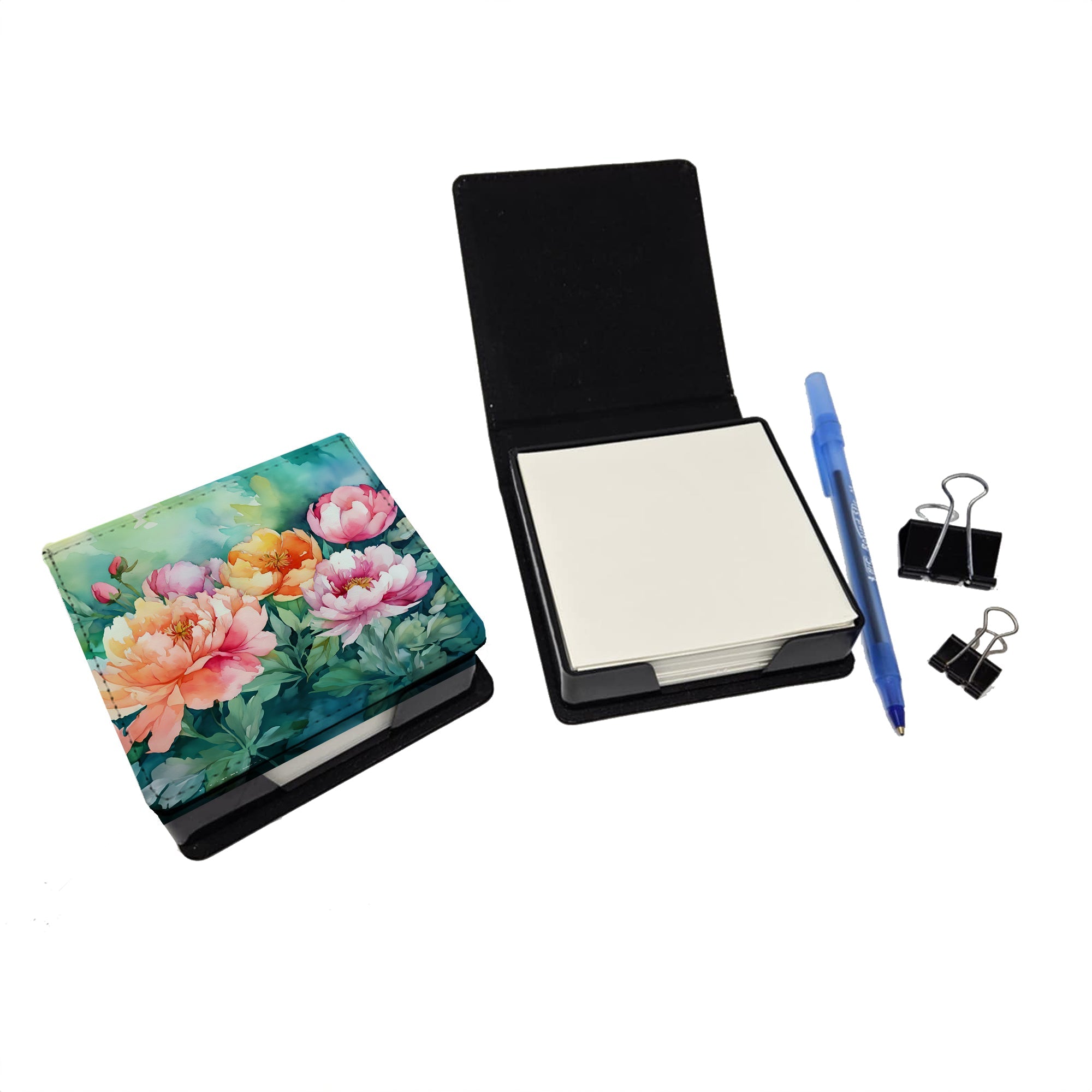 Indiana Peonies in Watercolor PU Leather Note Paper Holder with Artist-Designed Cover, Desk Accessory, Office Gift