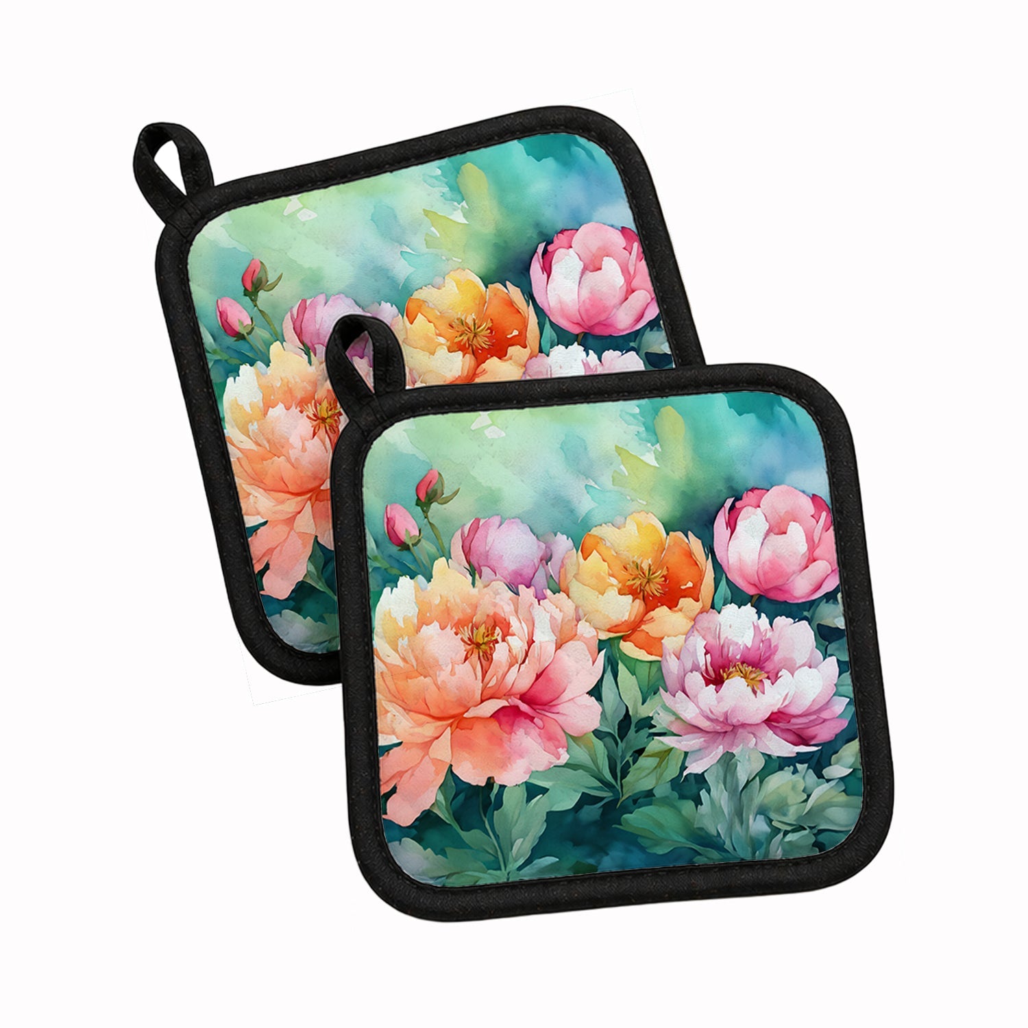 Indiana Peonies in Watercolor Pot Holder Set of 2 Heat Resistant Quilted Hot Pads 7.5 x 7.5 Inch, Insulated Kitchen Trivets for Cooking & Baking