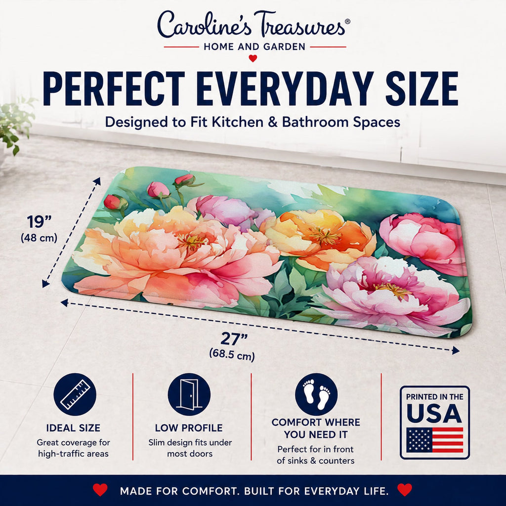 Indiana Peonies in Watercolor Memory Foam Kitchen Mat Machine Washable Anti-Fatigue Cushion Comfort Bath or Kitchen Rug