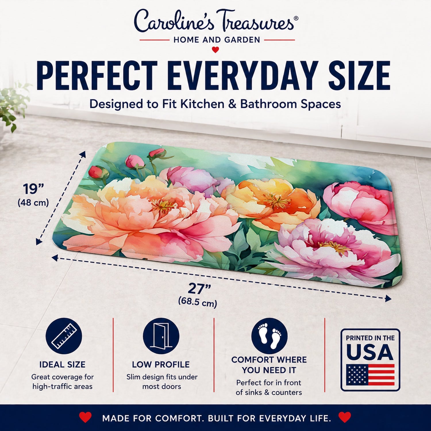 Indiana Peonies in Watercolor Memory Foam Kitchen Mat Machine Washable Anti-Fatigue Cushion Comfort Bath or Kitchen Rug