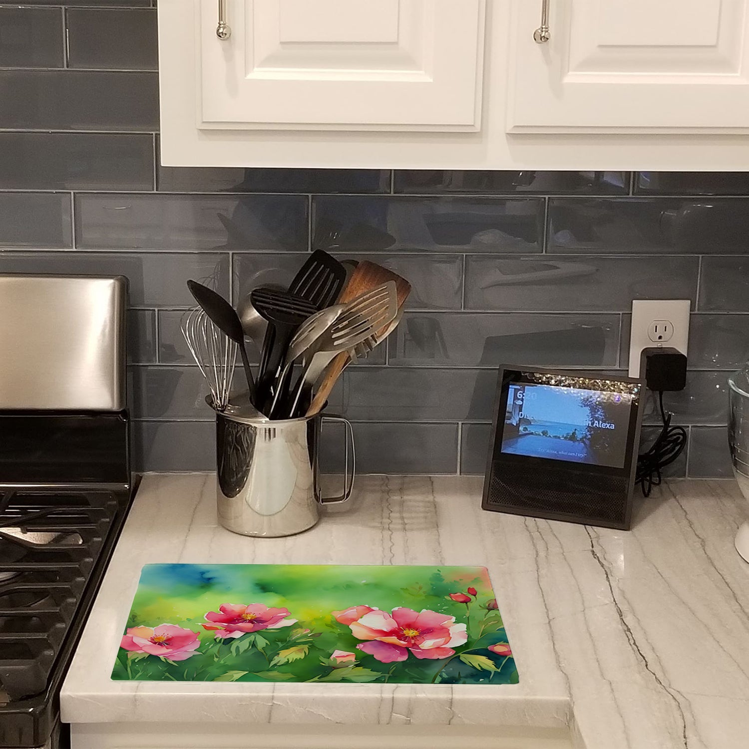 Iowa Wild Prairie Roses in Watercolor Cutting Board Tempered Glass Kitchen Cutting Surface, Heat Resistant Chopping, Non-Slip Feet, Food Prep & Serving