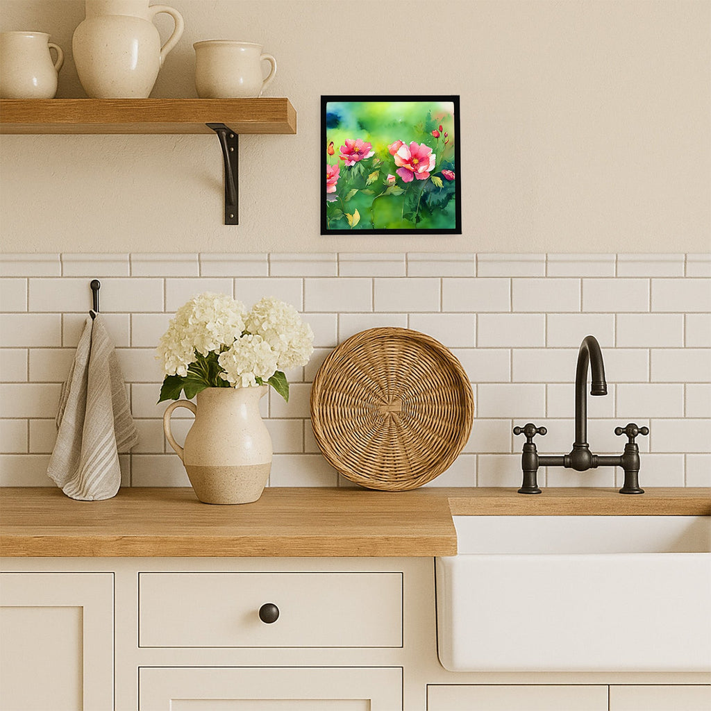 Iowa Wild Prairie Roses in Watercolor Framed Metal Print Bathroom, Kitchen, Office, Home Decor Wall Art Ready to Hang, Square, 8X8
