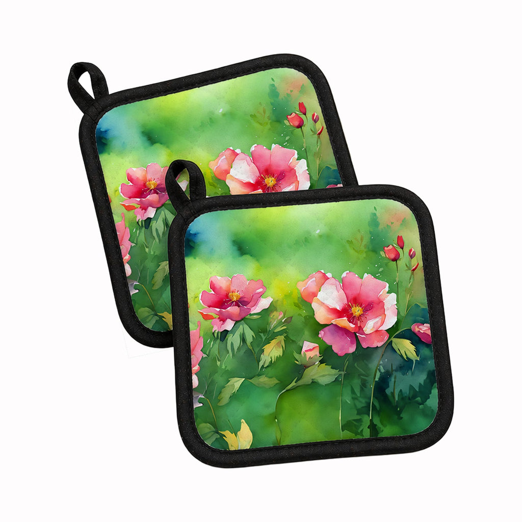 Iowa Wild Prairie Roses in Watercolor Pot Holder Set of 2 Heat Resistant Quilted Hot Pads 7.5 x 7.5 Inch, Insulated Kitchen Trivets for Cooking & Baking