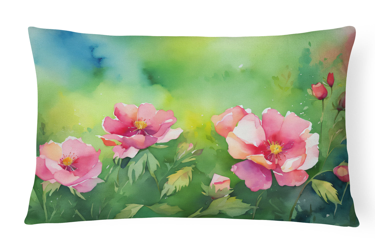 Iowa Wild Prairie Roses in Watercolor Decorative Throw Pillow 12x16 Indoor Outdoor Accent Cushion, Fabric Cover with Insert for Sofa, Bed, Porch & Living Room
