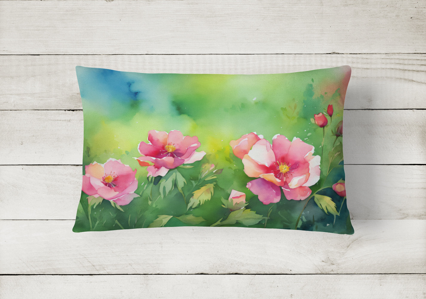 Iowa Wild Prairie Roses in Watercolor Decorative Throw Pillow 12x16 Indoor Outdoor Accent Cushion, Fabric Cover with Insert for Sofa, Bed, Porch & Living Room