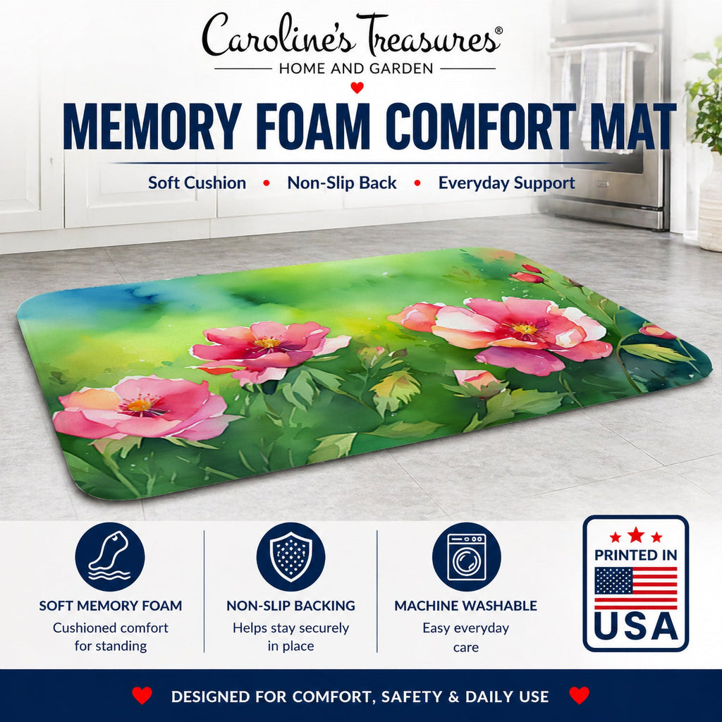 Iowa Wild Prairie Roses in Watercolor Memory Foam Kitchen Mat Machine Washable Anti-Fatigue Cushion Comfort Bath or Kitchen Rug