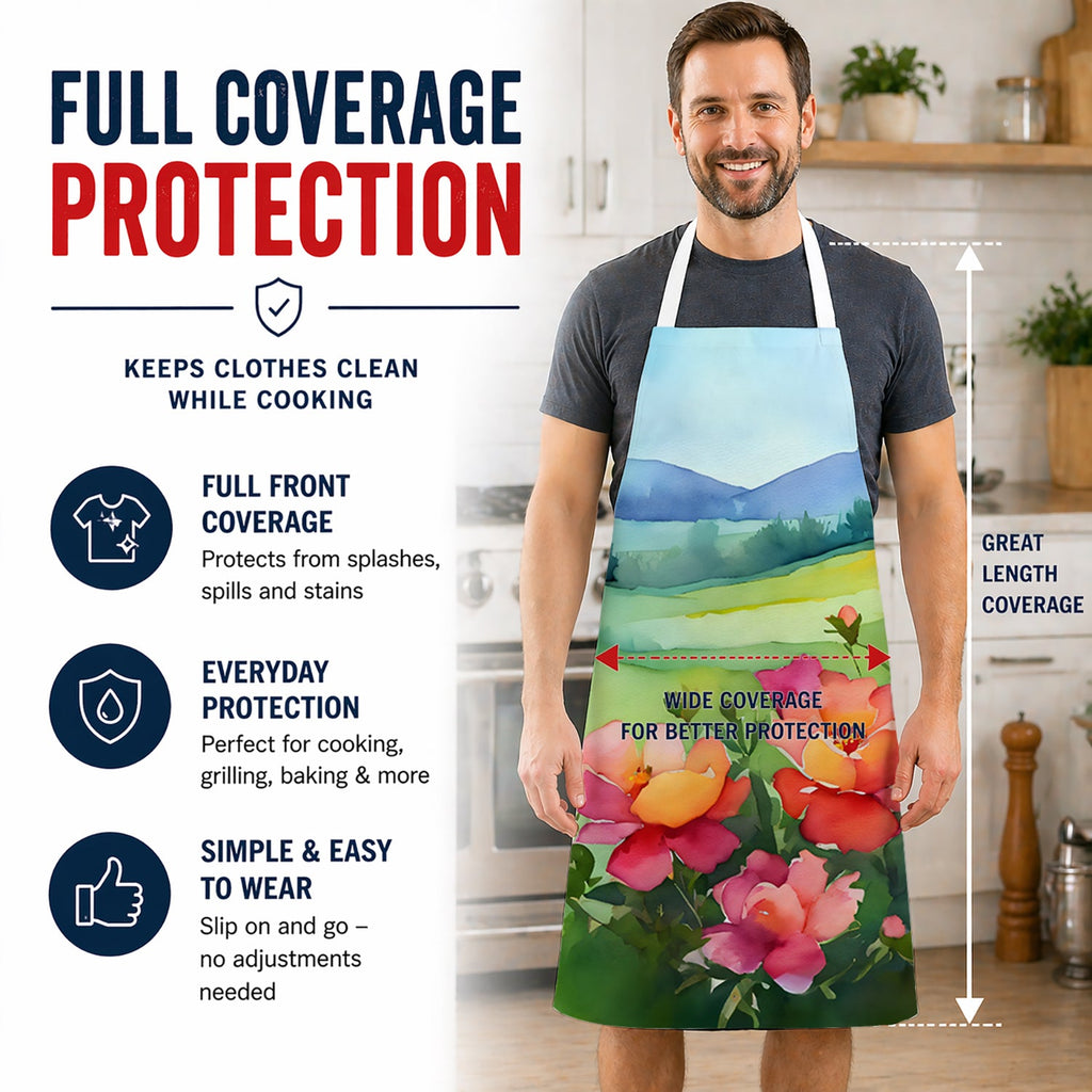 Iowa Wild Prairie Roses in Watercolor Apron Cooking Kitchen Server Baking Crafts Gardening for Adult Women Men, Unisex, Large, Multicolor