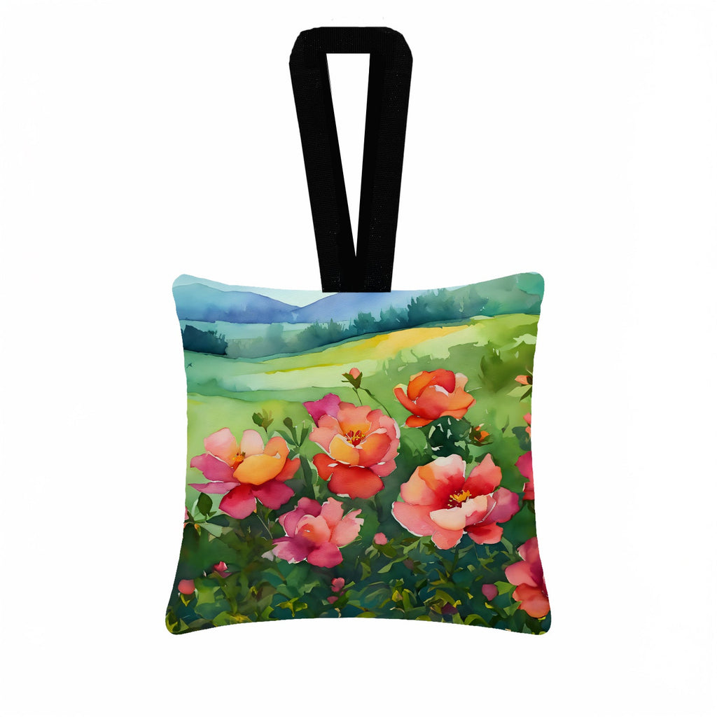 Iowa Wild Prairie Roses in Watercolor Hanging Square Fabric Ornament 3.5 × 3.5 Decorative Door-Knob & Tree Hanger, Soft Fabric