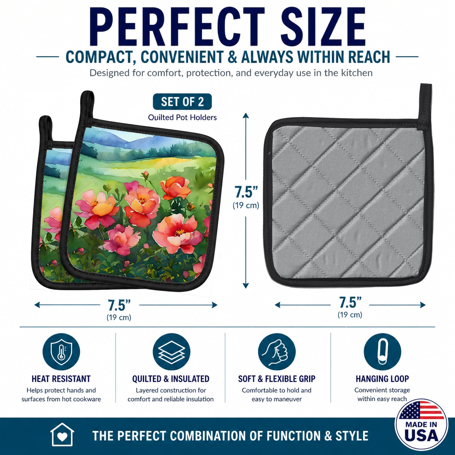 Iowa Wild Prairie Roses in Watercolor Pot Holder Set of 2 Heat Resistant Quilted Hot Pads 7.5 x 7.5 Inch, Insulated Kitchen Trivets for Cooking & Baking