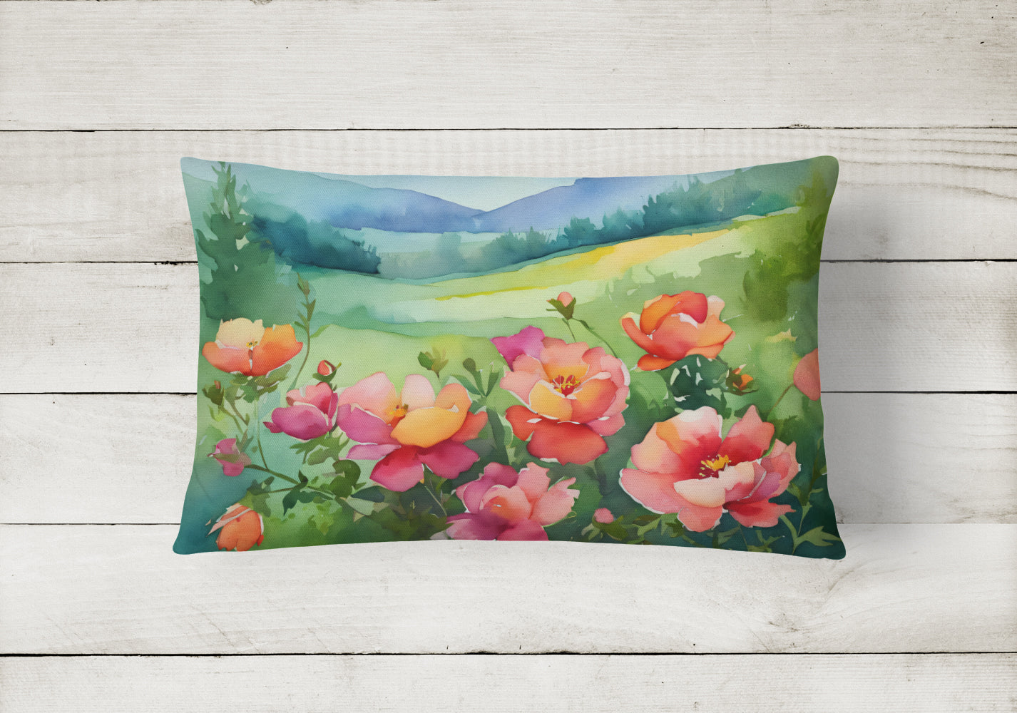 Iowa Wild Prairie Roses in Watercolor Decorative Throw Pillow 12x16 Indoor Outdoor Accent Cushion, Fabric Cover with Insert for Sofa, Bed, Porch & Living Room