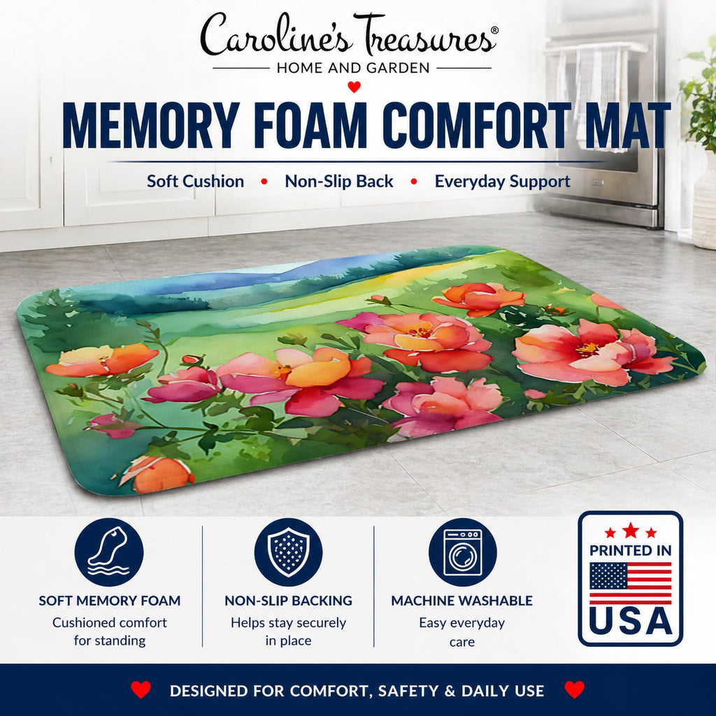 Iowa Wild Prairie Roses in Watercolor Memory Foam Kitchen Mat Machine Washable Anti-Fatigue Cushion Comfort Bath or Kitchen Rug