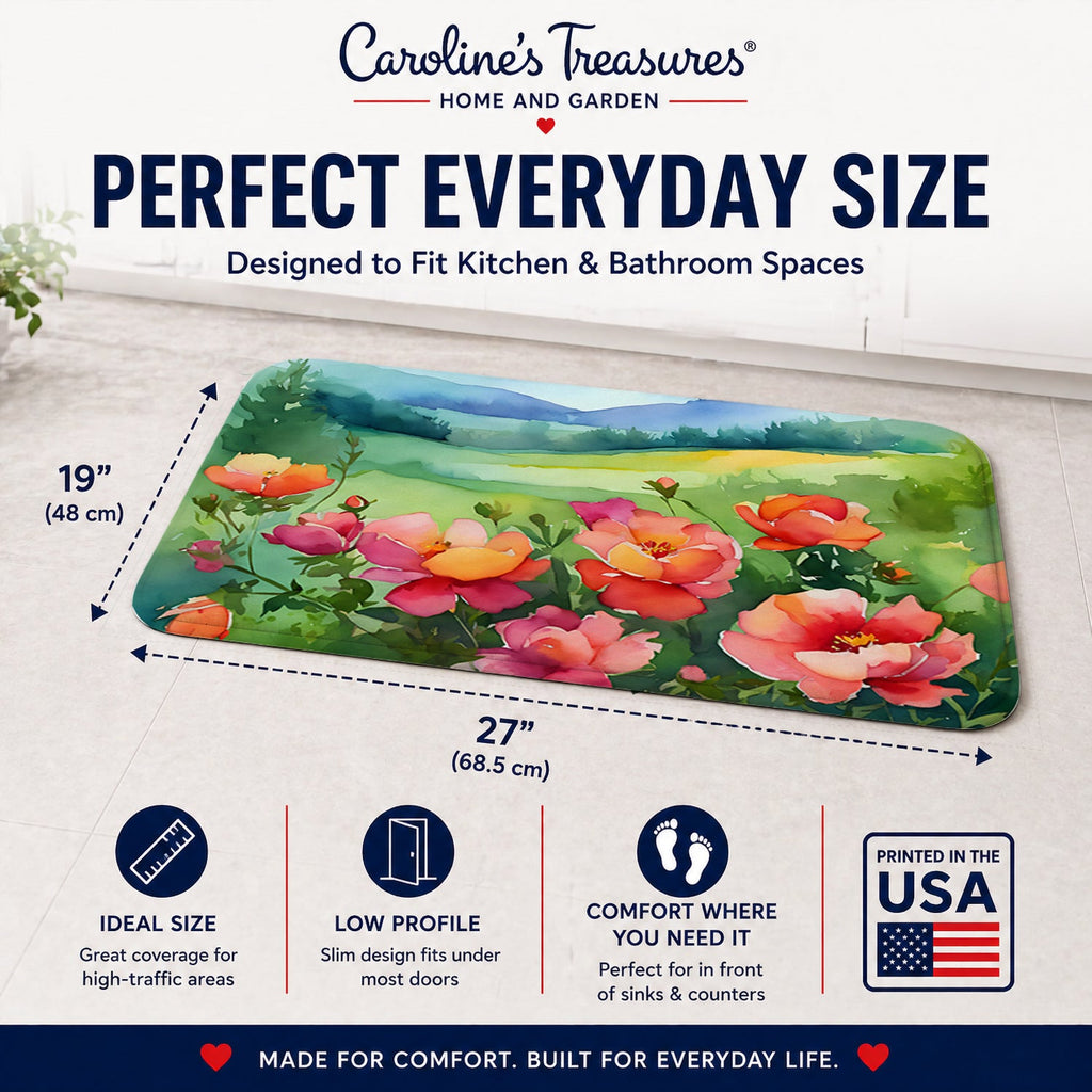 Iowa Wild Prairie Roses in Watercolor Memory Foam Kitchen Mat Machine Washable Anti-Fatigue Cushion Comfort Bath or Kitchen Rug