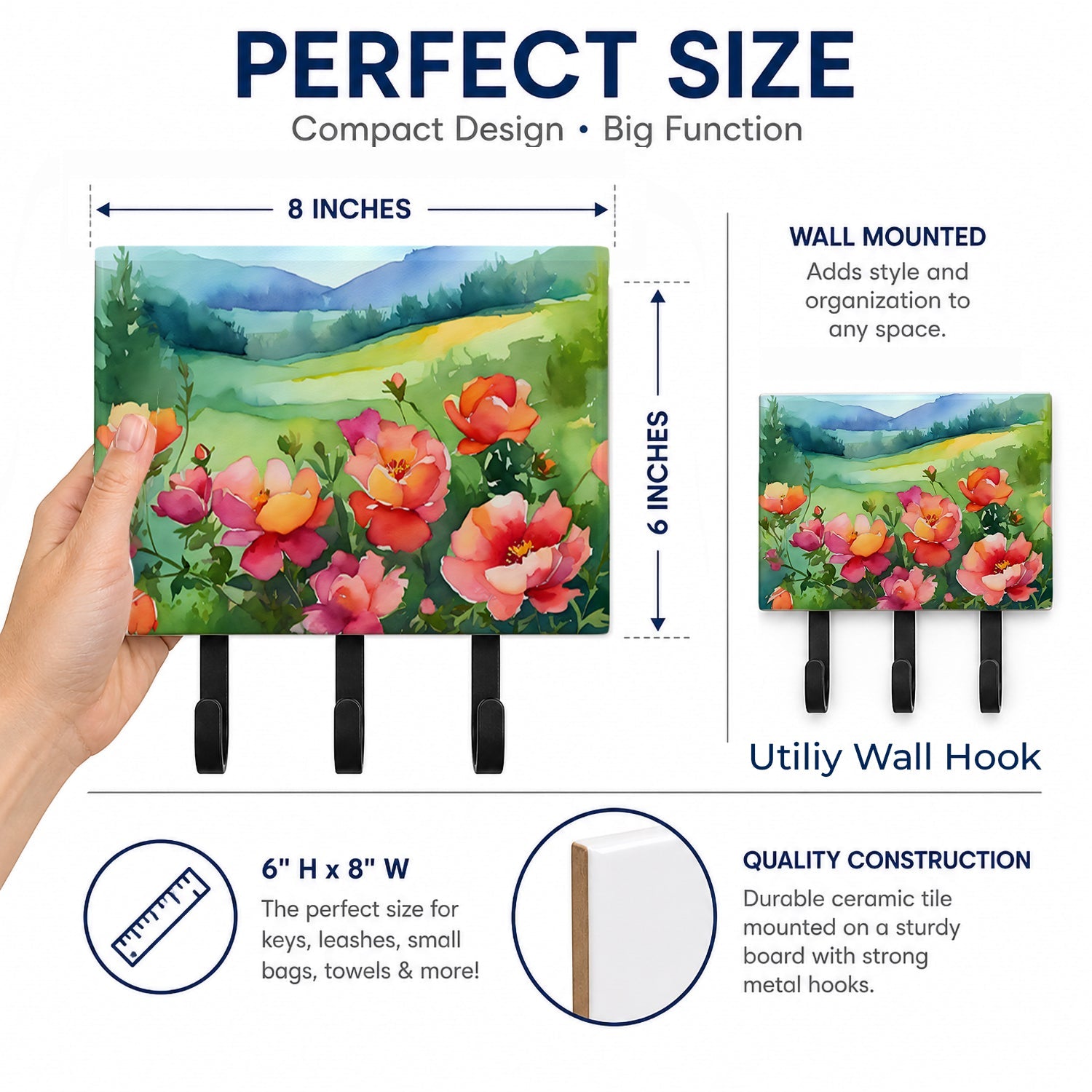 Iowa Wild Prairie Roses in Watercolor Leash or Key Holder Wall Hooks, Coat Rack Wall Mount, for Hanging Keys, Towels, Aprons, Leashes
