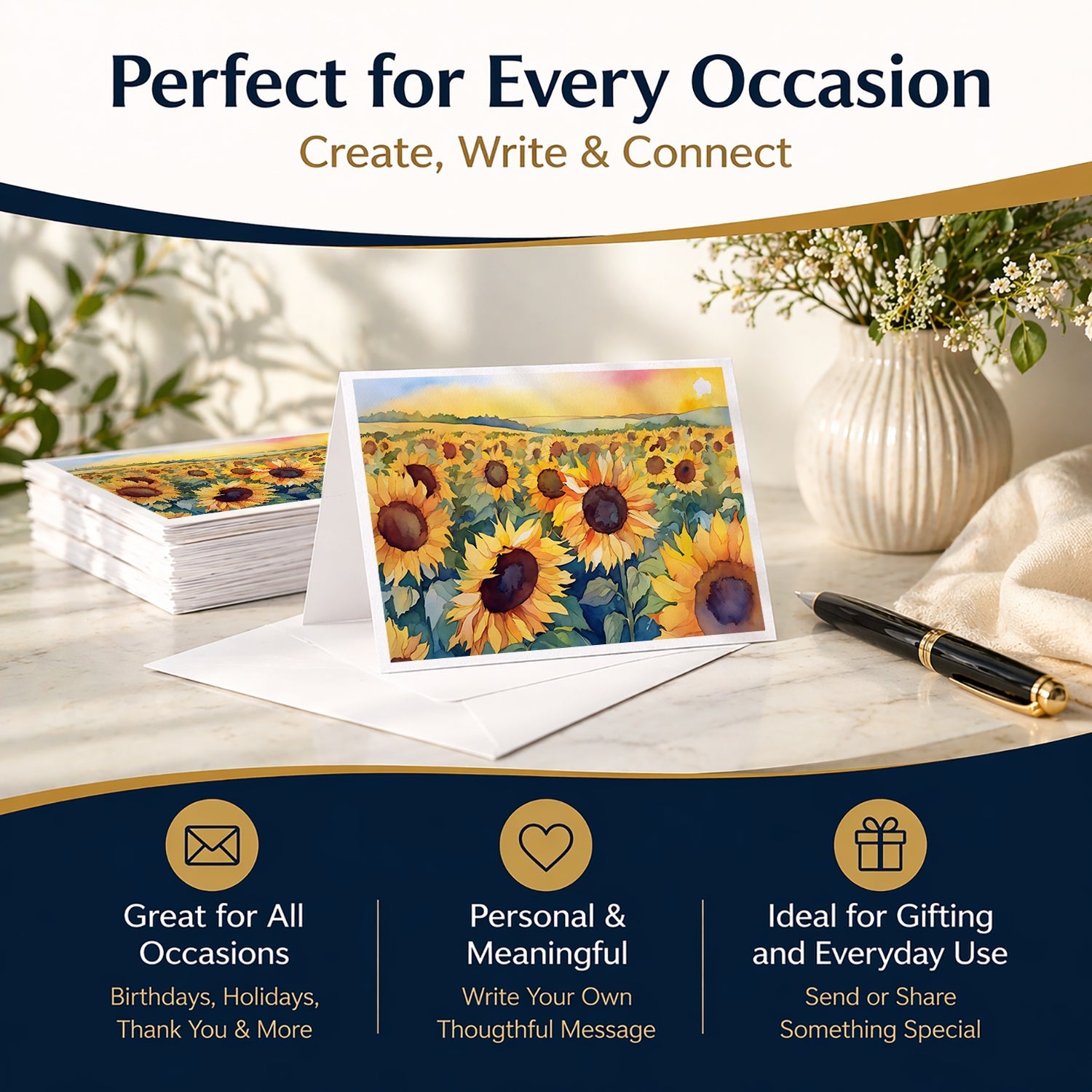 Kansas Sunflowers in Watercolor Greeting Cards Pack of 8 Blank Cards with Envelopes Whimsical A7 Size 5x7