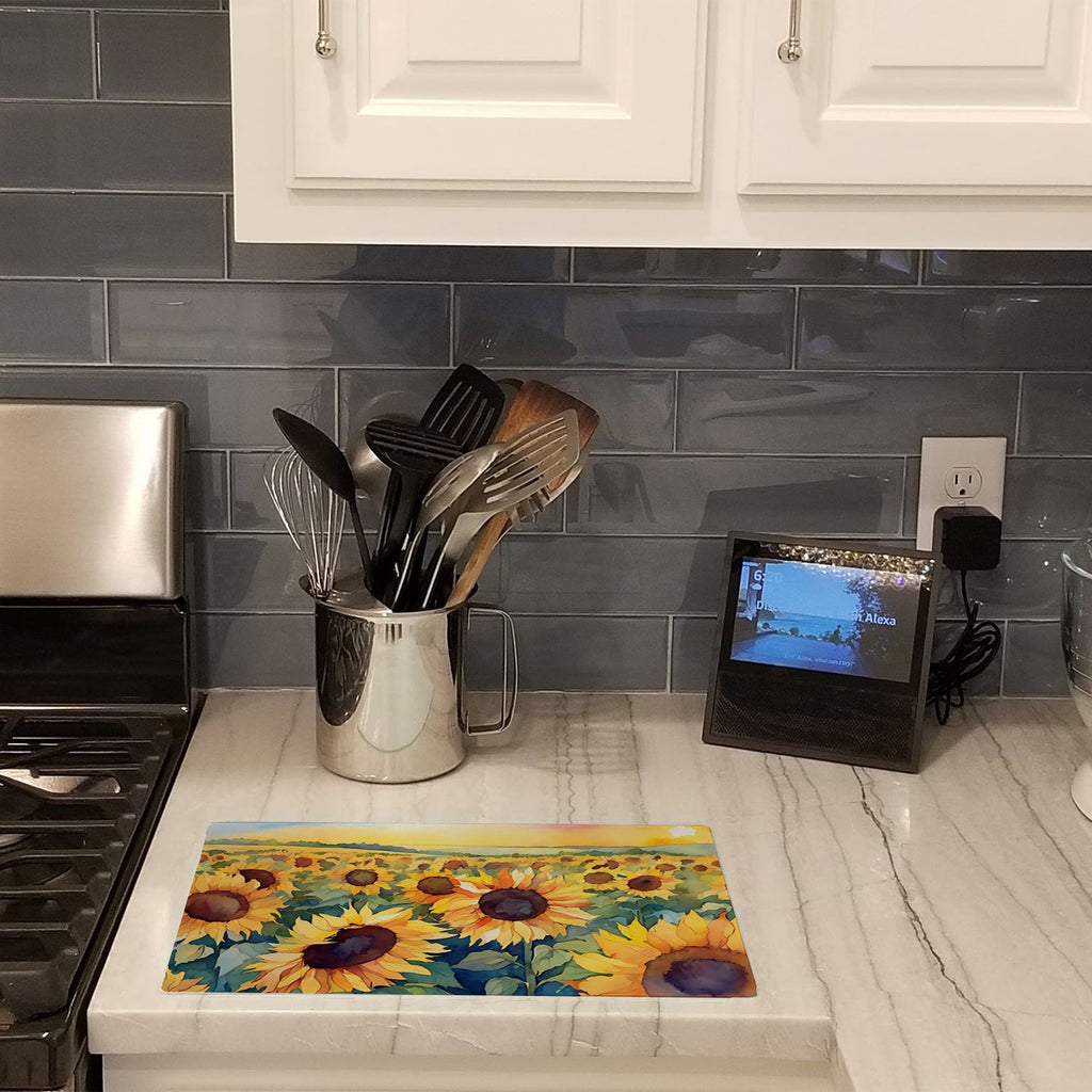 Kansas Sunflowers in Watercolor Cutting Board Tempered Glass Kitchen Cutting Surface, Heat Resistant Chopping, Non-Slip Feet, Food Prep & Serving