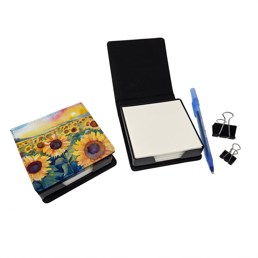 Kansas Sunflowers in Watercolor PU Leather Note Paper Holder with Artist-Designed Cover, Desk Accessory, Office Gift