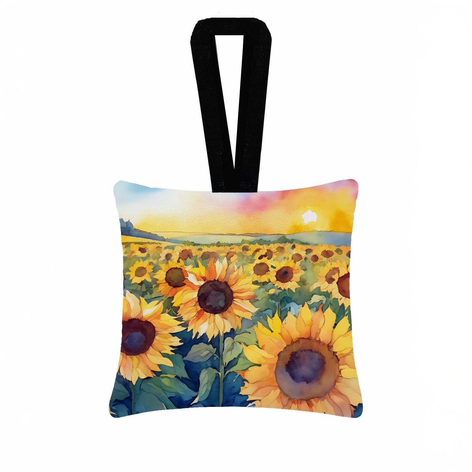 Kansas Sunflowers in Watercolor Hanging Square Fabric Ornament 3.5 × 3.5 Decorative Door-Knob & Tree Hanger, Soft Fabric