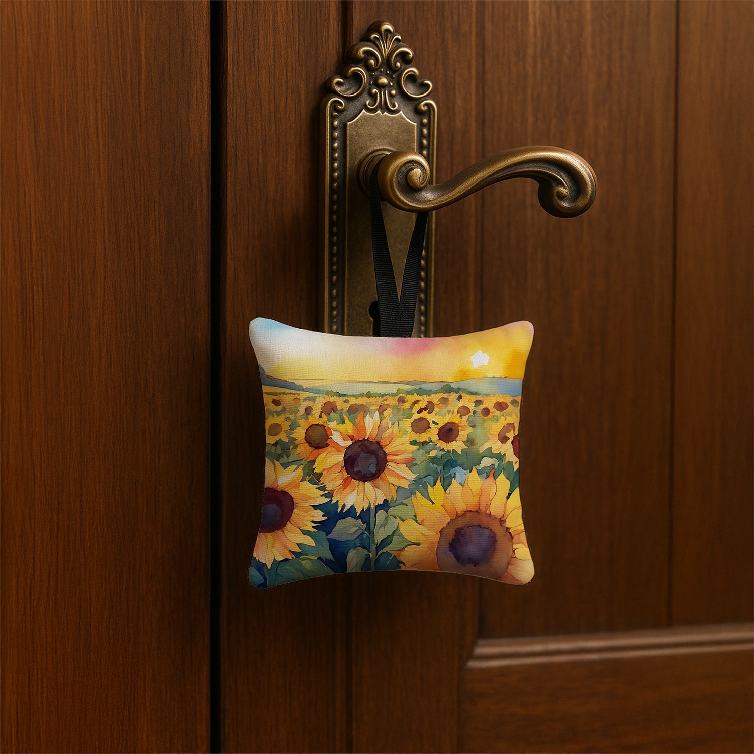 Kansas Sunflowers in Watercolor Hanging Square Fabric Ornament 3.5 × 3.5 Decorative Door-Knob & Tree Hanger, Soft Fabric