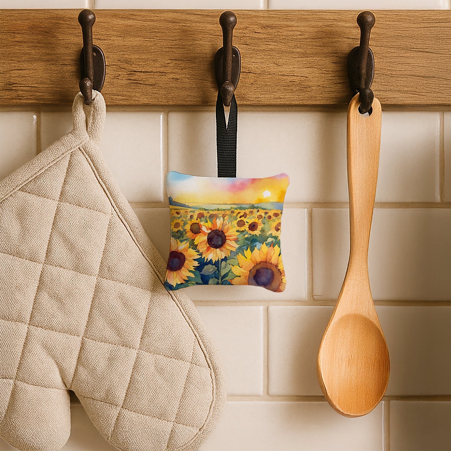 Kansas Sunflowers in Watercolor Hanging Square Fabric Ornament 3.5 × 3.5 Decorative Door-Knob & Tree Hanger, Soft Fabric