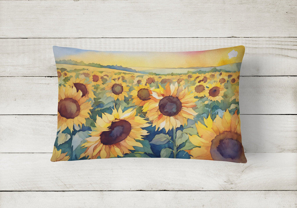 Kansas Sunflowers in Watercolor Decorative Throw Pillow 12x16 Indoor Outdoor Accent Cushion, Fabric Cover with Insert for Sofa, Bed, Porch & Living Room