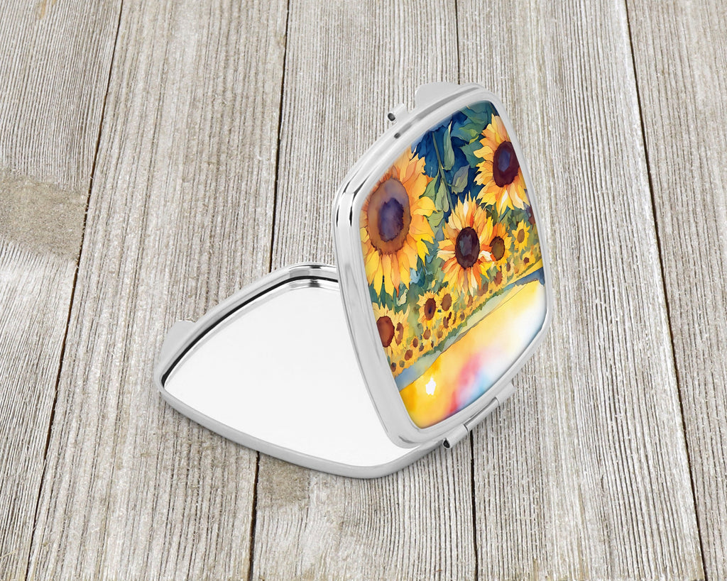 Kansas Sunflowers in Watercolor Compact Mirror Decorative Travel Makeup Mirror for Women Girls Gifts Pocket Makeup Mirror Folding Handheld