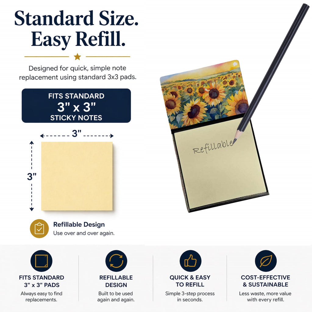 Kansas Sunflowers in Watercolor Watercolor Sticky Note Holder Refillable Dispenser Desk Accessory 3x3 Pad Gift