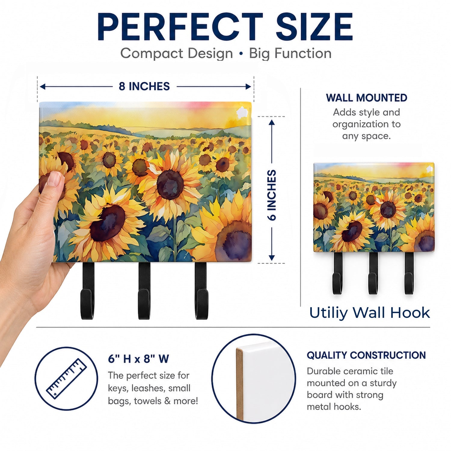 Kansas Sunflowers in Watercolor Leash or Key Holder Wall Hooks, Coat Rack Wall Mount, for Hanging Keys, Towels, Aprons, Leashes