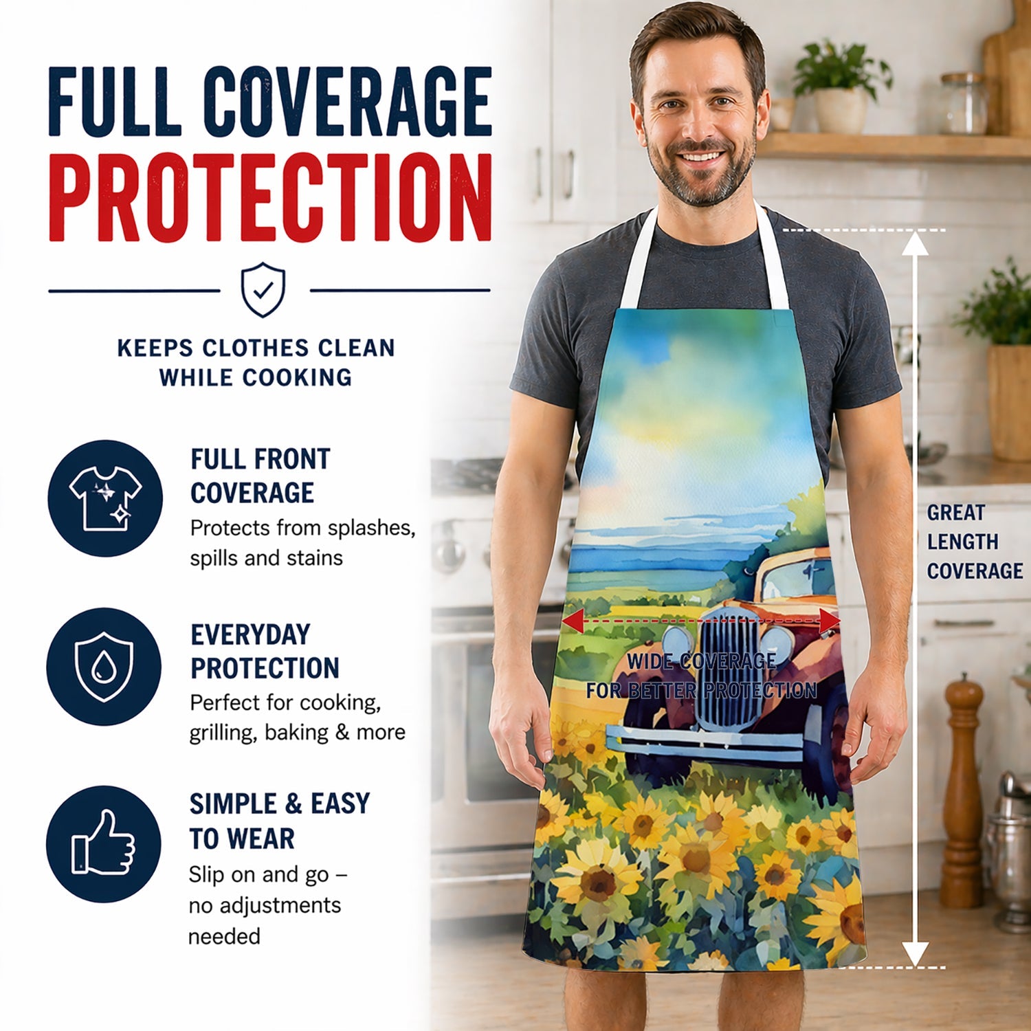 Kansas Sunflowers in Watercolor Apron Cooking Kitchen Server Baking Crafts Gardening for Adult Women Men, Unisex, Large, Multicolor