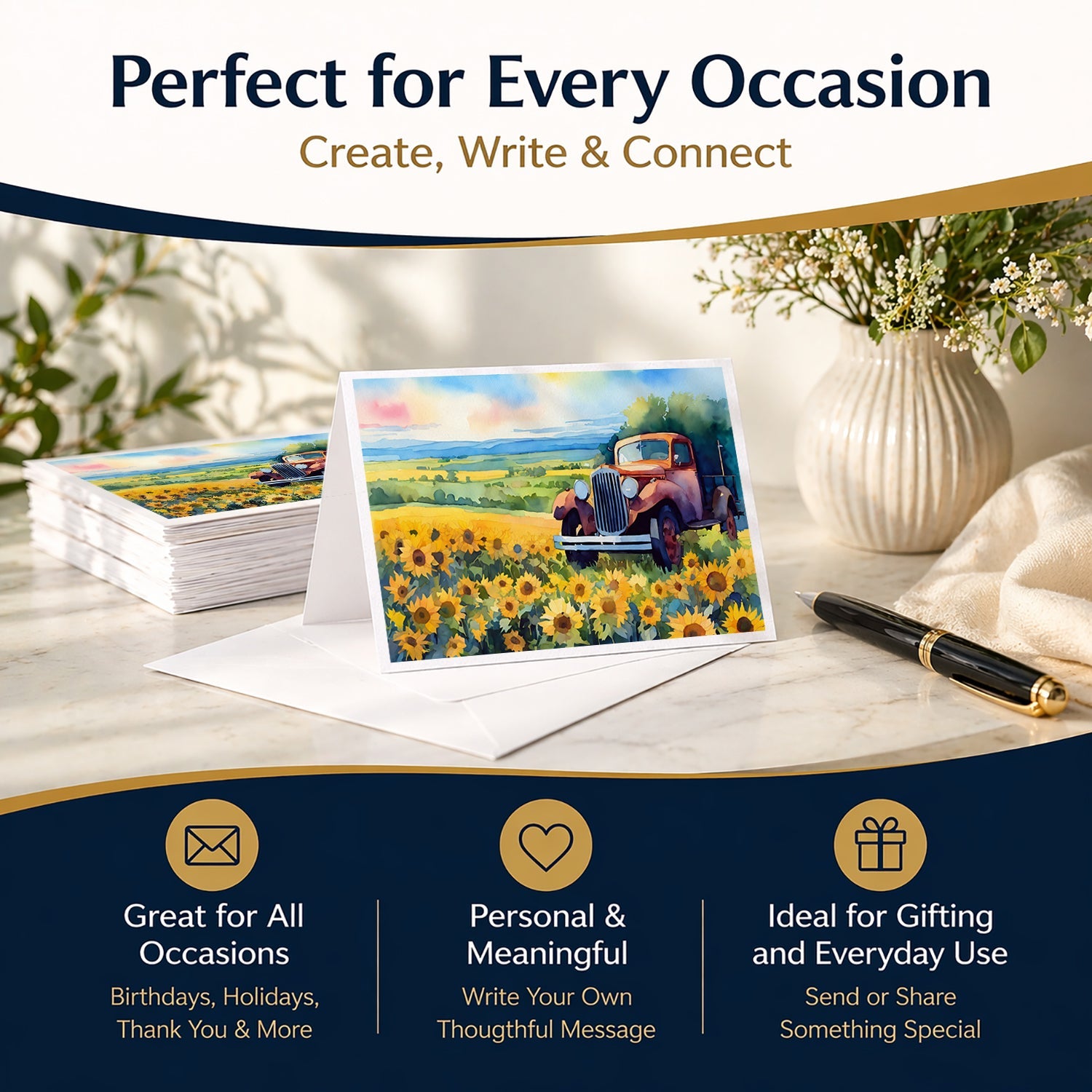 Kansas Sunflowers in Watercolor Greeting Cards Pack of 8 Blank Cards with Envelopes Whimsical A7 Size 5x7