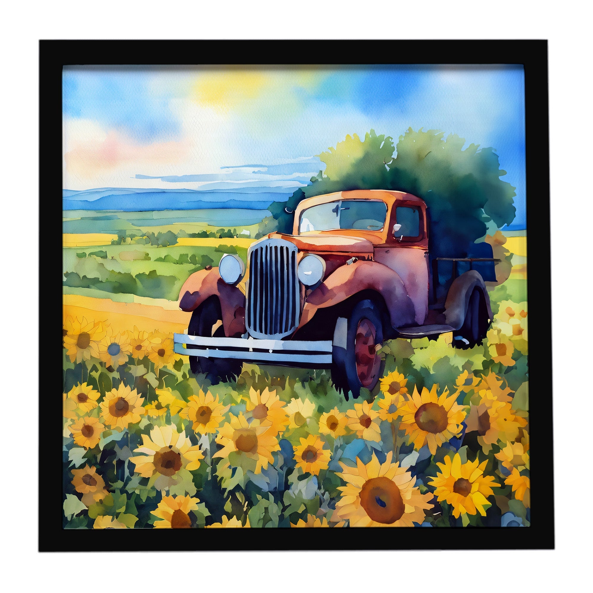 Kansas Sunflowers in Watercolor Framed Metal Print Bathroom, Kitchen, Office, Home Decor Wall Art Ready to Hang, Square, 8X8