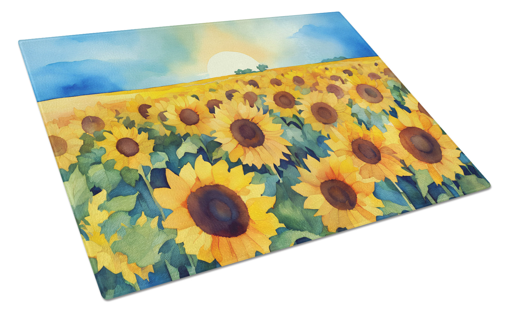 Kansas Sunflowers in Watercolor Cutting Board Tempered Glass Kitchen Cutting Surface, Heat Resistant Chopping, Non-Slip Feet, Food Prep & Serving