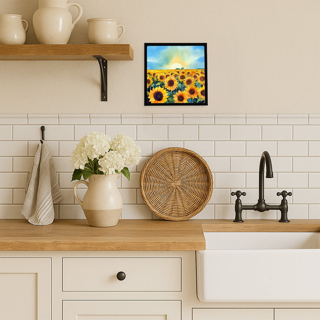 Kansas Sunflowers in Watercolor Framed Metal Print Bathroom, Kitchen, Office, Home Decor Wall Art Ready to Hang, Square, 8X8