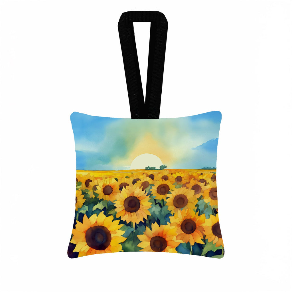 Kansas Sunflowers in Watercolor Hanging Square Fabric Ornament 3.5 × 3.5 Decorative Door-Knob & Tree Hanger, Soft Fabric