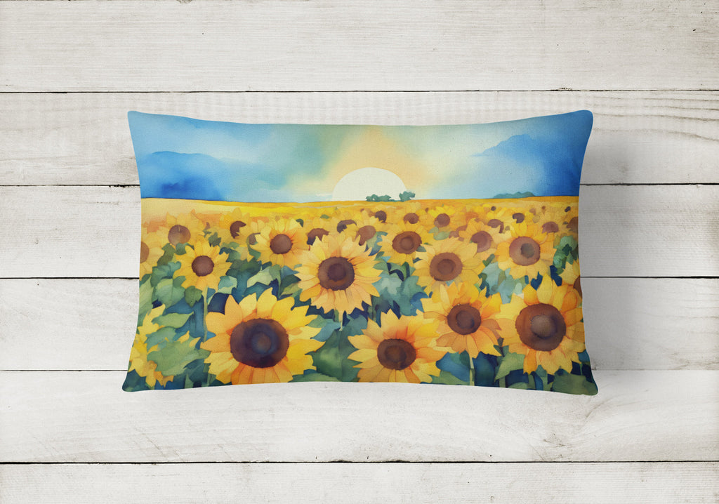 Kansas Sunflowers in Watercolor Decorative Throw Pillow 12x16 Indoor Outdoor Accent Cushion, Fabric Cover with Insert for Sofa, Bed, Porch & Living Room