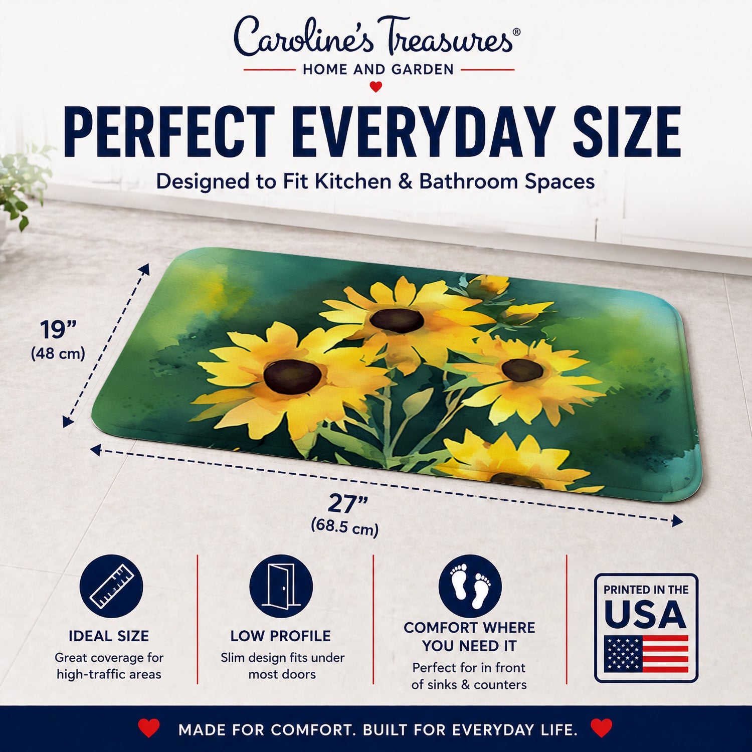 Kentucky Goldenrod in Watercolor Memory Foam Kitchen Mat Machine Washable Anti-Fatigue Cushion Comfort Bath or Kitchen Rug