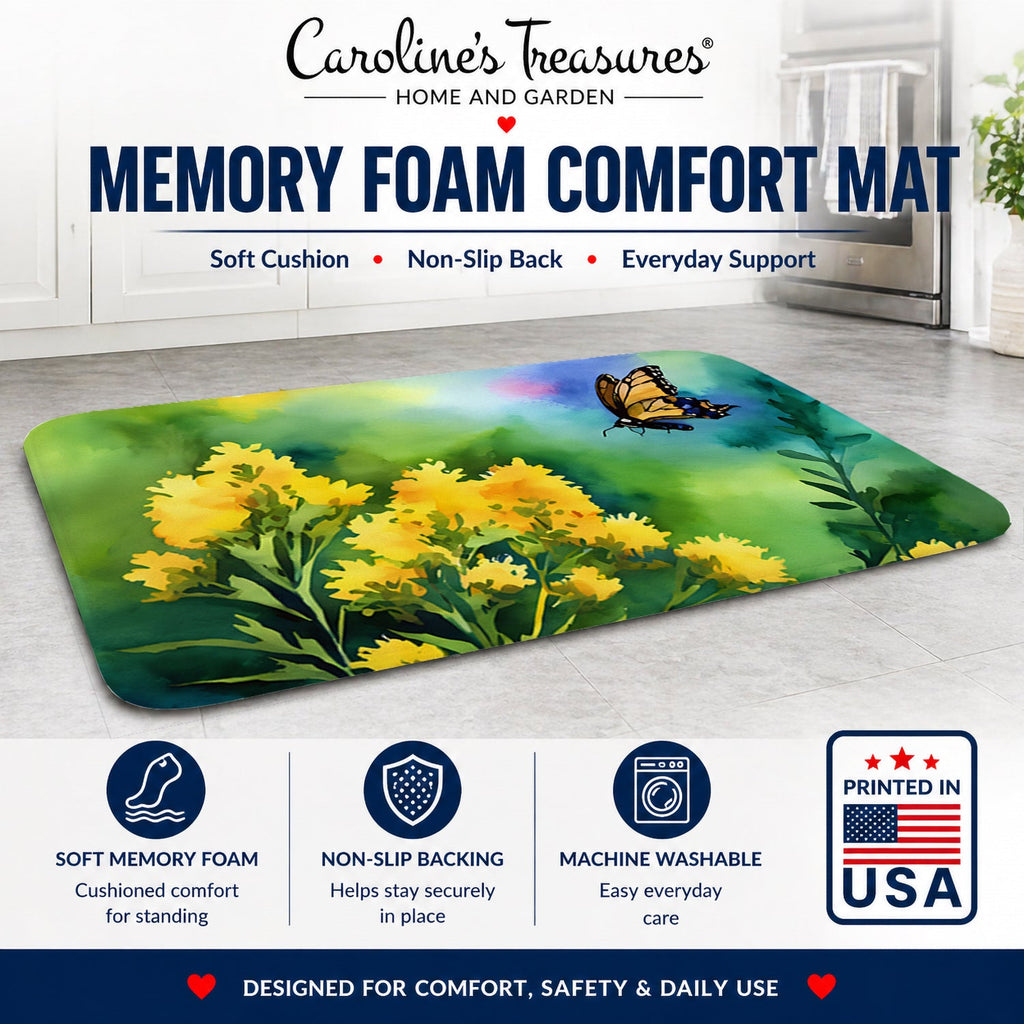 Kentucky Goldenrod in Watercolor Memory Foam Kitchen Mat Machine Washable Anti-Fatigue Cushion Comfort Bath or Kitchen Rug