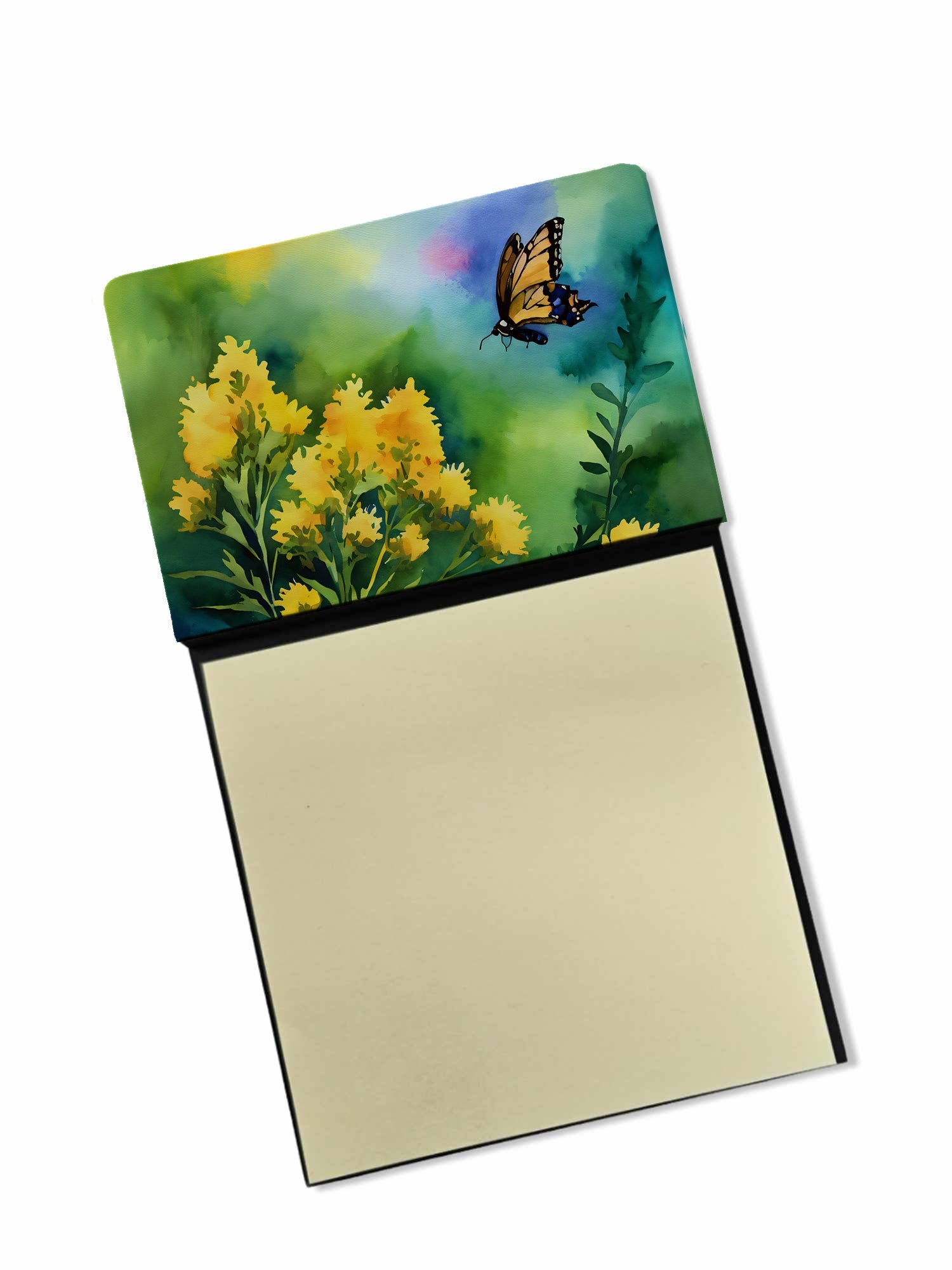 Kentucky Goldenrod in Watercolor Watercolor Sticky Note Holder Refillable Dispenser Desk Accessory 3x3 Pad Gift