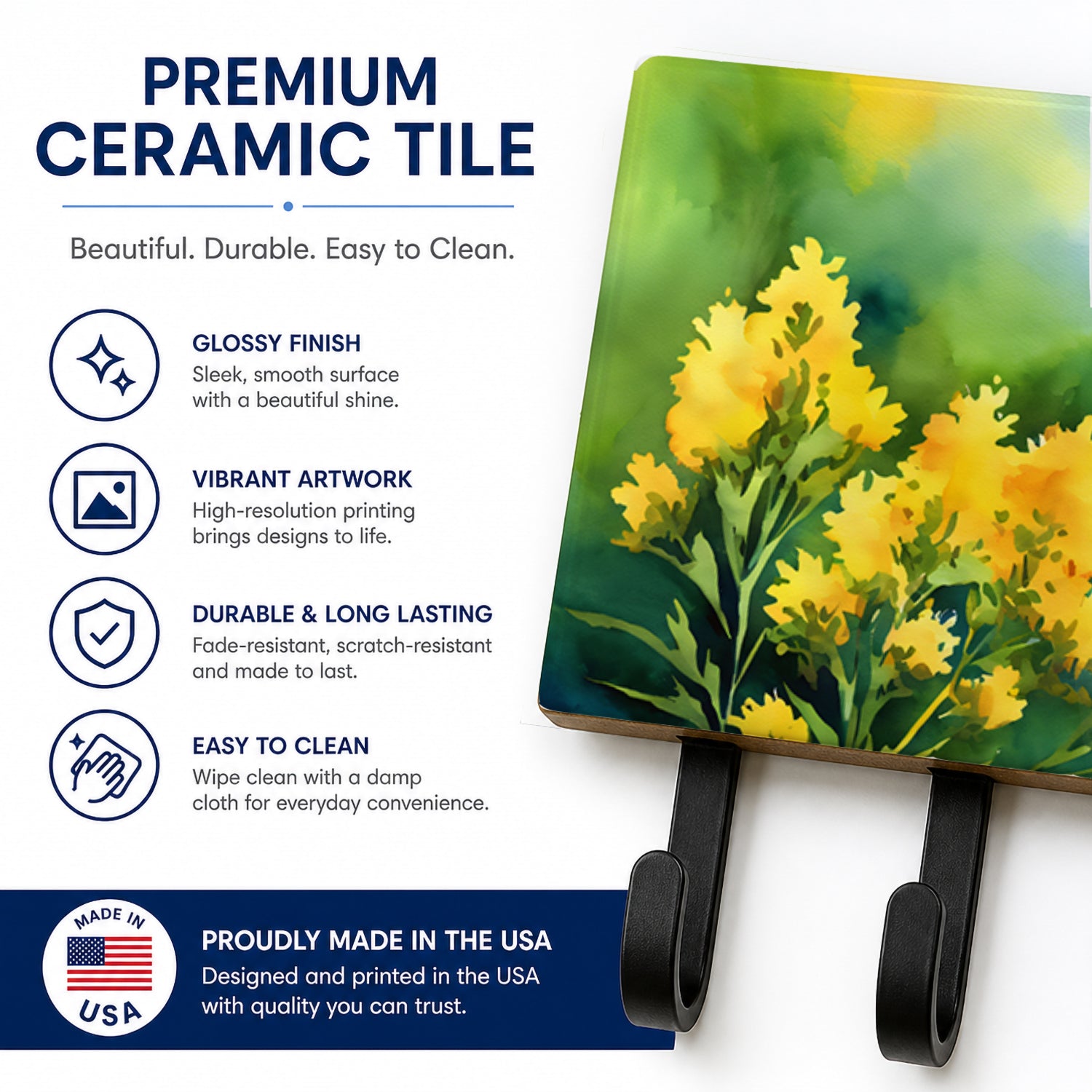 Kentucky Goldenrod in Watercolor Leash or Key Holder Wall Hooks, Coat Rack Wall Mount, for Hanging Keys, Towels, Aprons, Leashes