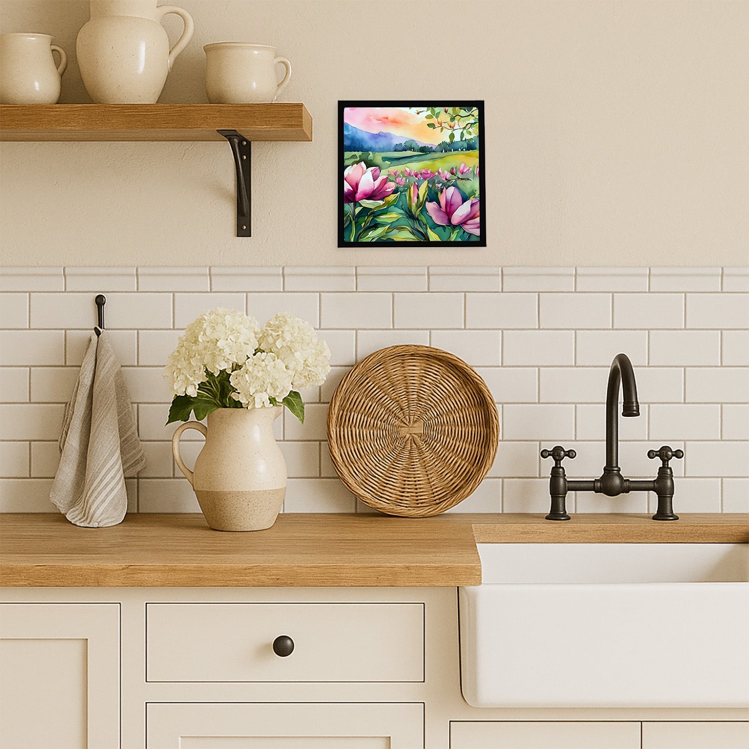 Louisiana Magnolias in Watercolor Framed Metal Print Bathroom, Kitchen, Office, Home Decor Wall Art Ready to Hang, Square, 8X8