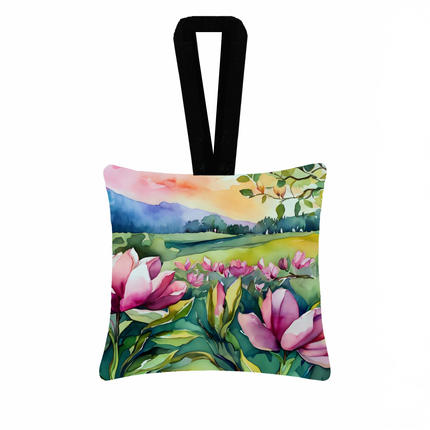 Louisiana Magnolias in Watercolor Hanging Square Fabric Ornament 3.5 × 3.5 Decorative Door-Knob & Tree Hanger, Soft Fabric