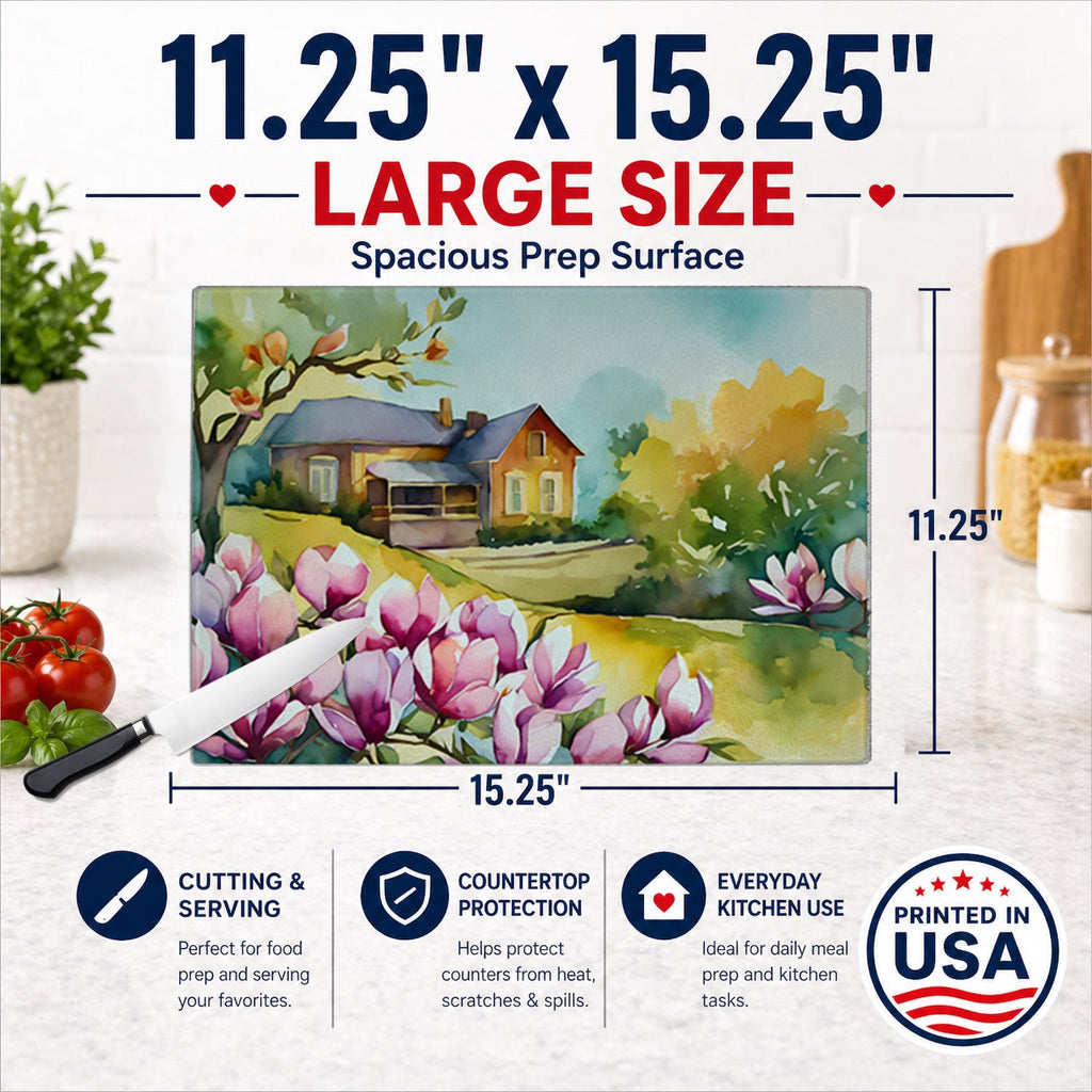 Louisiana Magnolias in Watercolor Cutting Board Tempered Glass Kitchen Cutting Surface, Heat Resistant Chopping, Non-Slip Feet, Food Prep & Serving