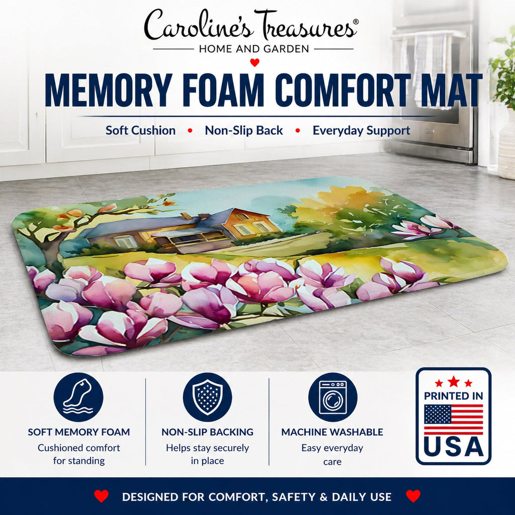 Louisiana Magnolias in Watercolor Memory Foam Kitchen Mat Machine Washable Anti-Fatigue Cushion Comfort Bath or Kitchen Rug