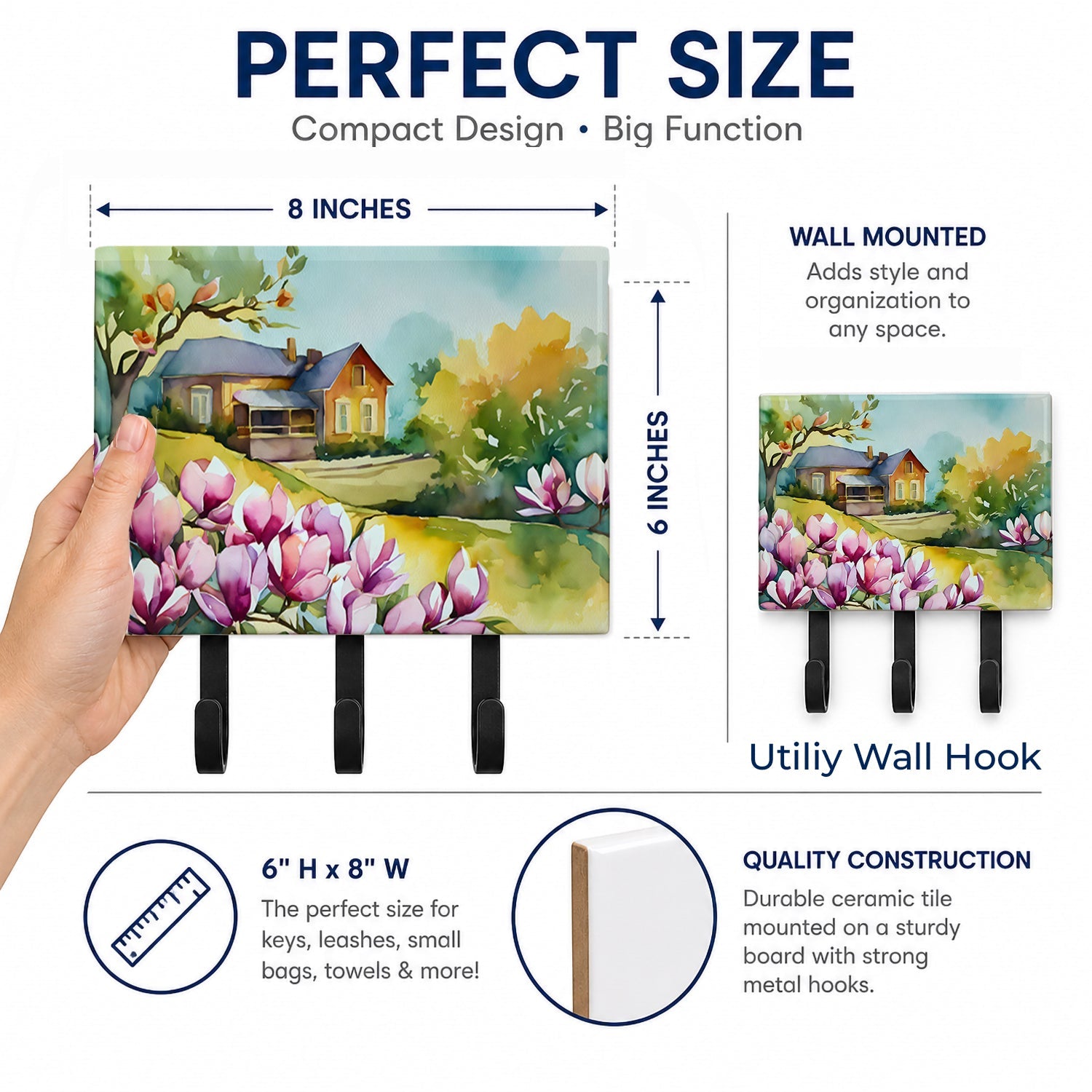 Louisiana Magnolias in Watercolor Leash or Key Holder Wall Hooks, Coat Rack Wall Mount, for Hanging Keys, Towels, Aprons, Leashes