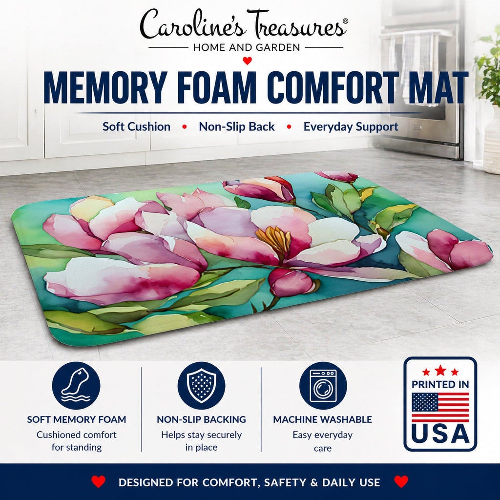 Louisiana Magnolias in Watercolor Memory Foam Kitchen Mat Machine Washable Anti-Fatigue Cushion Comfort Bath or Kitchen Rug