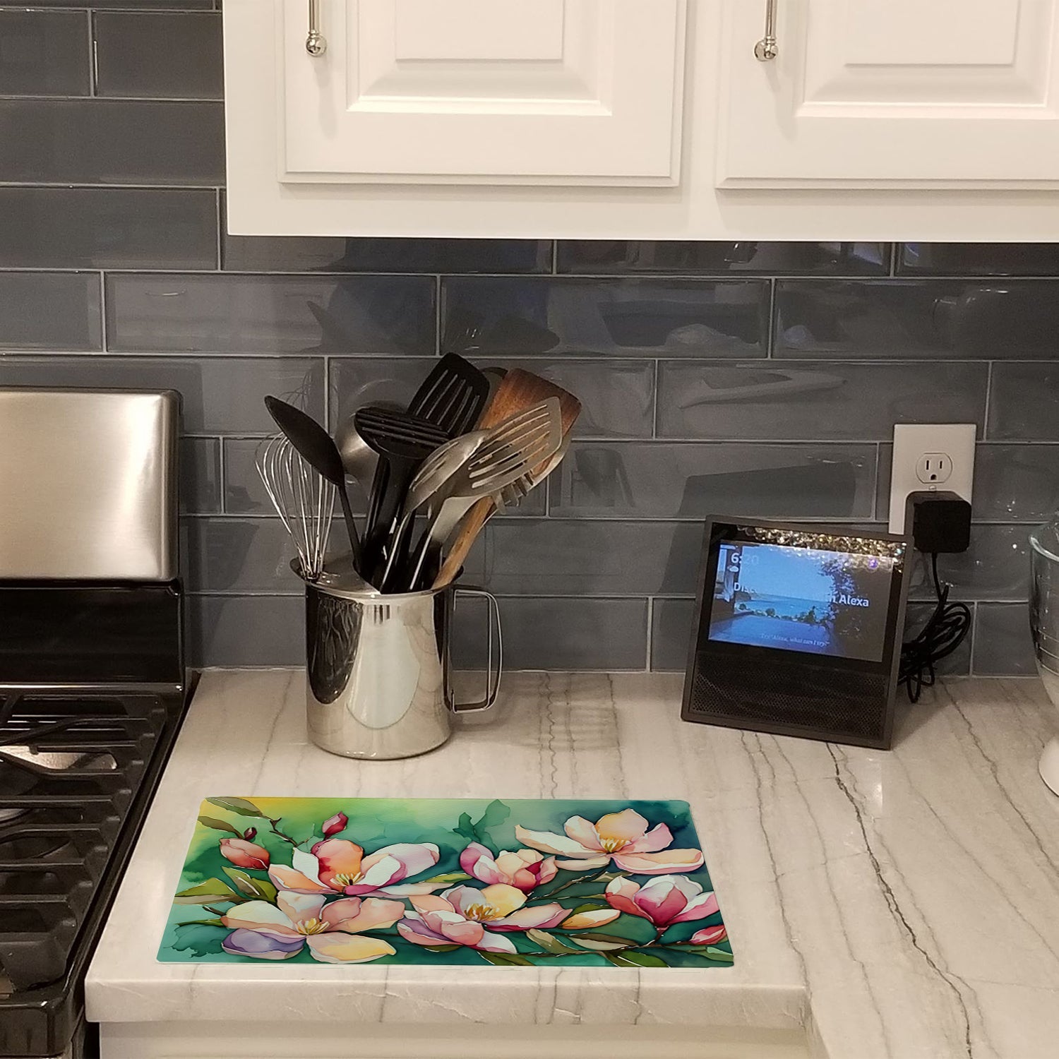 Louisiana Magnolias in Watercolor Cutting Board Tempered Glass Kitchen Cutting Surface, Heat Resistant Chopping, Non-Slip Feet, Food Prep & Serving