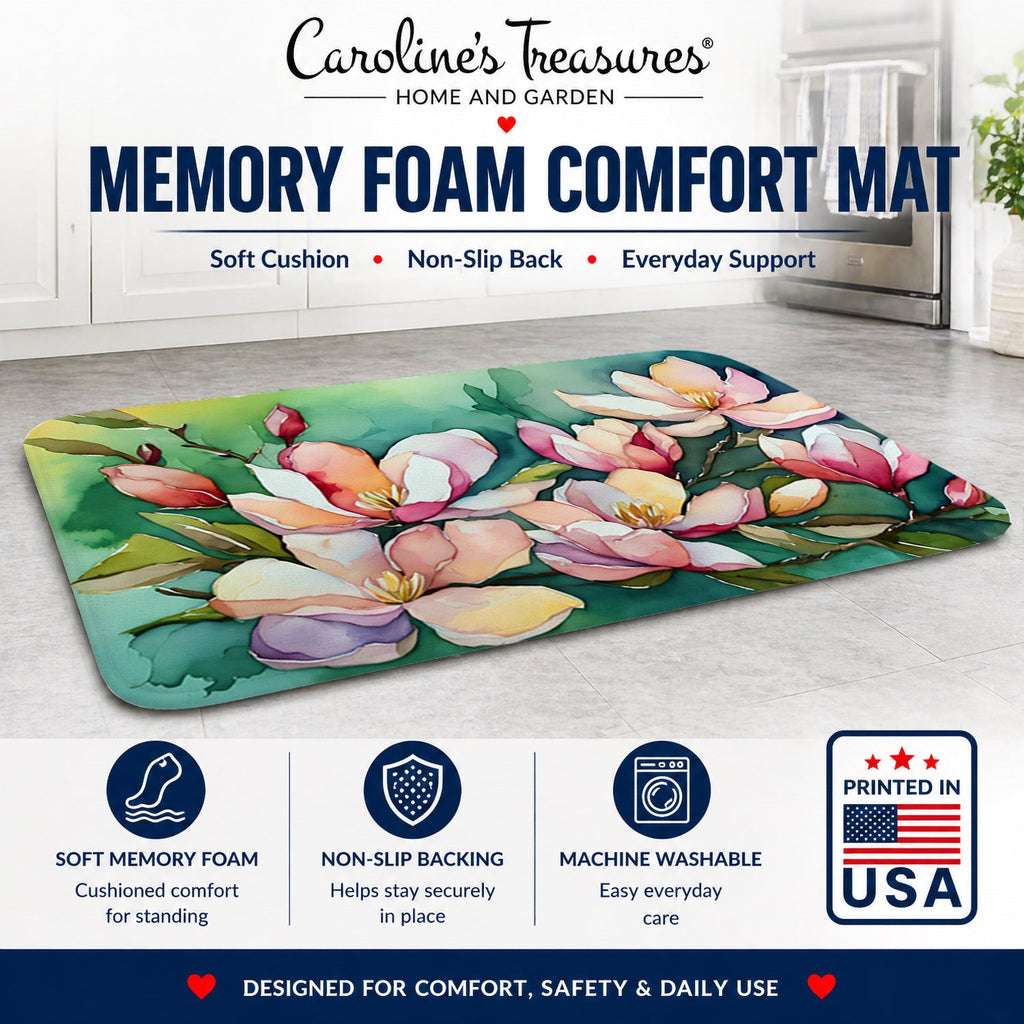 Louisiana Magnolias in Watercolor Memory Foam Kitchen Mat Machine Washable Anti-Fatigue Cushion Comfort Bath or Kitchen Rug