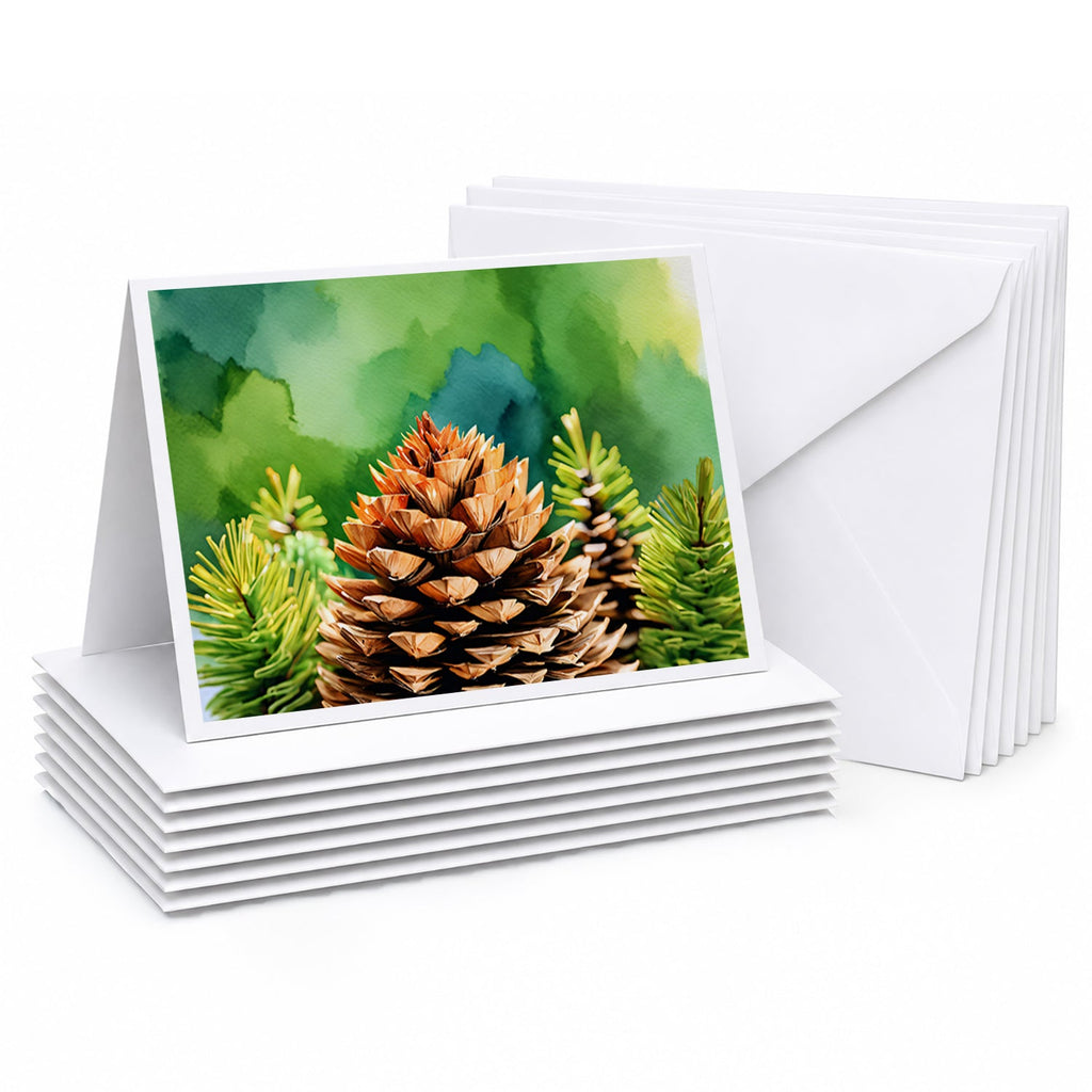 Maine White Pine Cone and Tassels in Watercolor Greeting Cards Pack of 8 Blank Cards with Envelopes Whimsical A7 Size 5x7